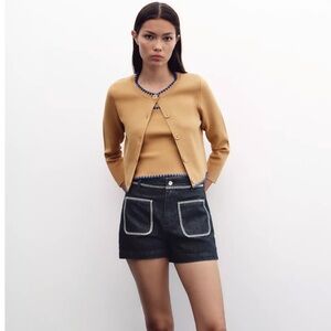 Zara camel embroidery contrast knit Cardigan